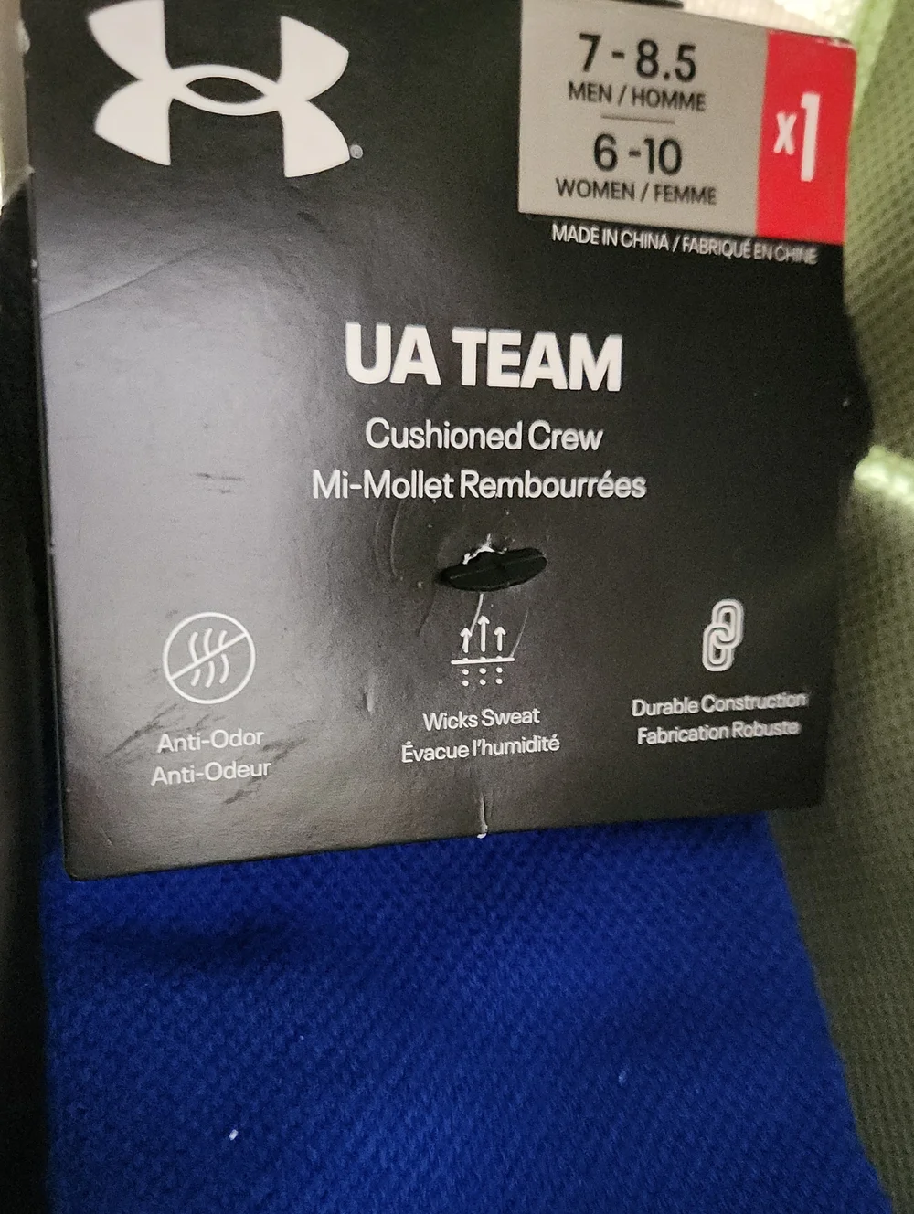 Under Armour UA Team Cushioned Crew Socks Blue Sz 7 -8.5 mens Two Packs Of 2